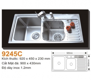 Chậu rửa bát AMTS 9245C. Kiểu dáng : 2 hố 1 bàn 1 rổ, Kích thước : 920×450 mm. Thiết kế đẹp, mang phong cách sang trọng cho căn bếp của bạn